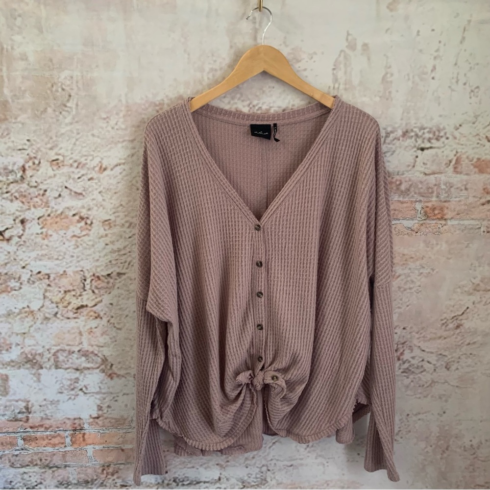 Out From Under Waffle Knit Button-Front Top in Mauve
